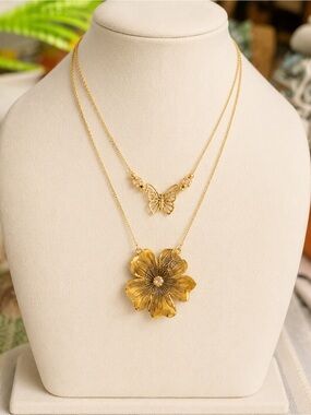 Gold Tone Layered Butterfly & Floral Pendant Necklace